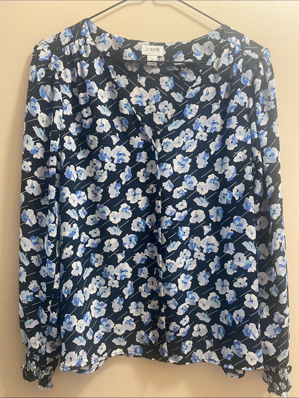 J. Crew Navy Floral V-Neck Long Sleeve Top